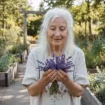 An older woman in a sensory garden, gently holding lavender blossoms and smiling peacefully with closed eyes.