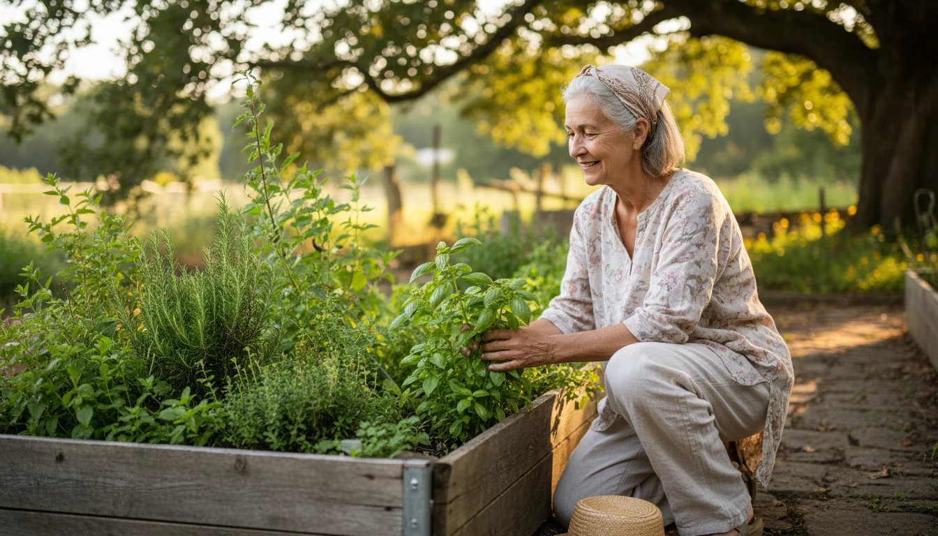 An older woman with a serene expression gardening in a raised bed, surrounded by green herbs under dappled sunlight.