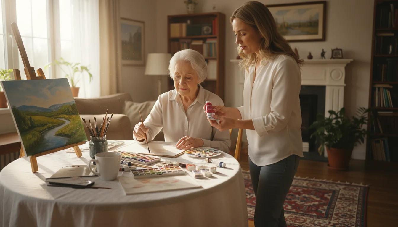 An older woman with serene expression paints watercolors at a sunlit table. A caregiver gently holds a tube of paint, assisting with her personalized 