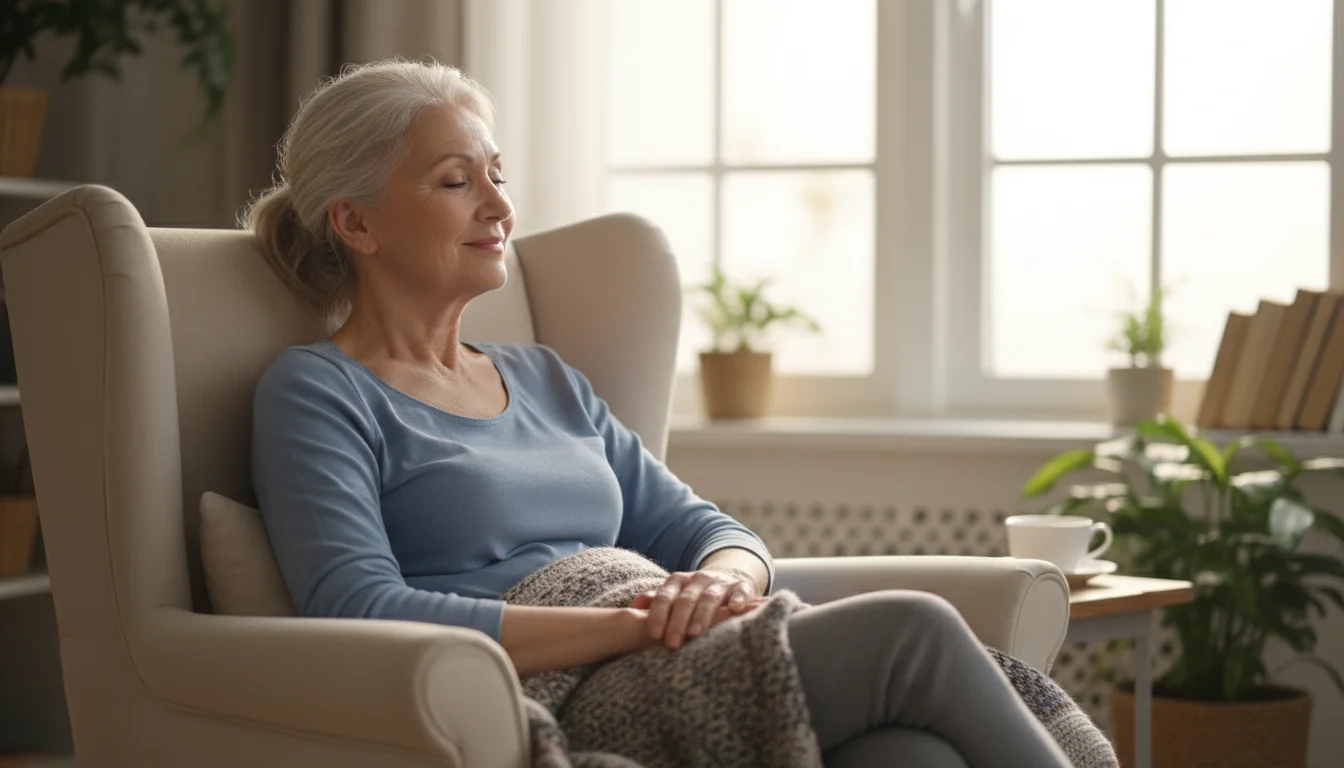 An older woman with a serene expression sits in a sunlit armchair by a window, hands gently resting in her lap.