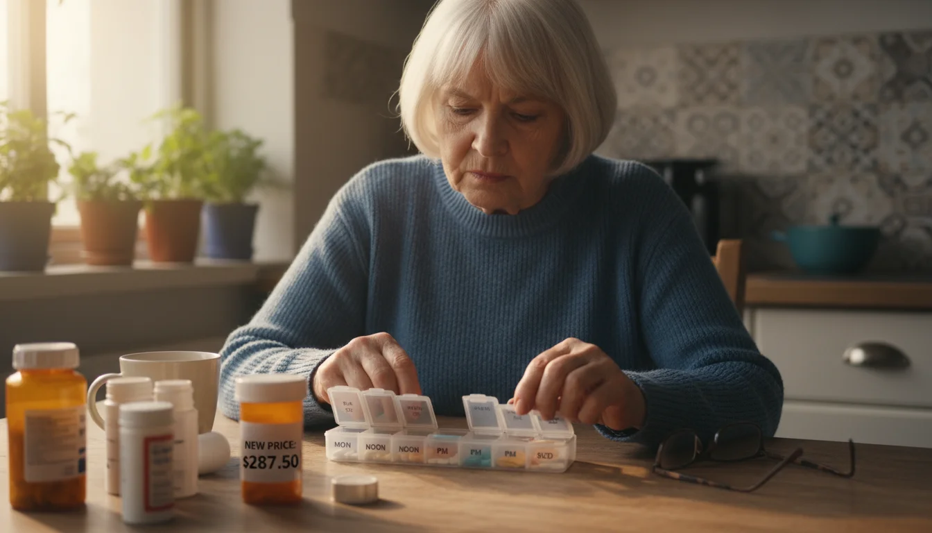 An older woman with short gray hair sits at a kitchen table, carefully filling her weekly pill organizer with various prescription medications.