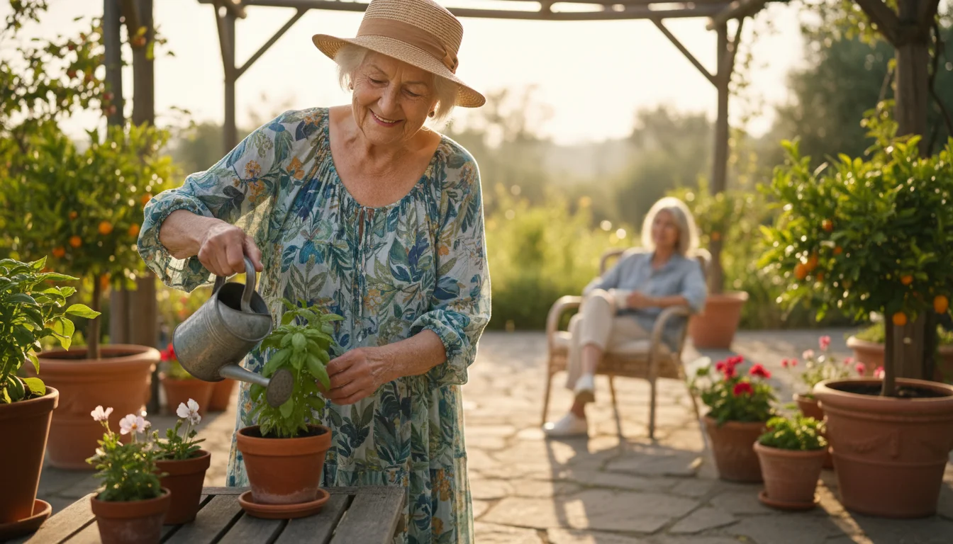 An older woman with short gray hair smiles gently while pruning a potted basil plant on a sunny patio. An adult woman sits nearby in the soft backgrou