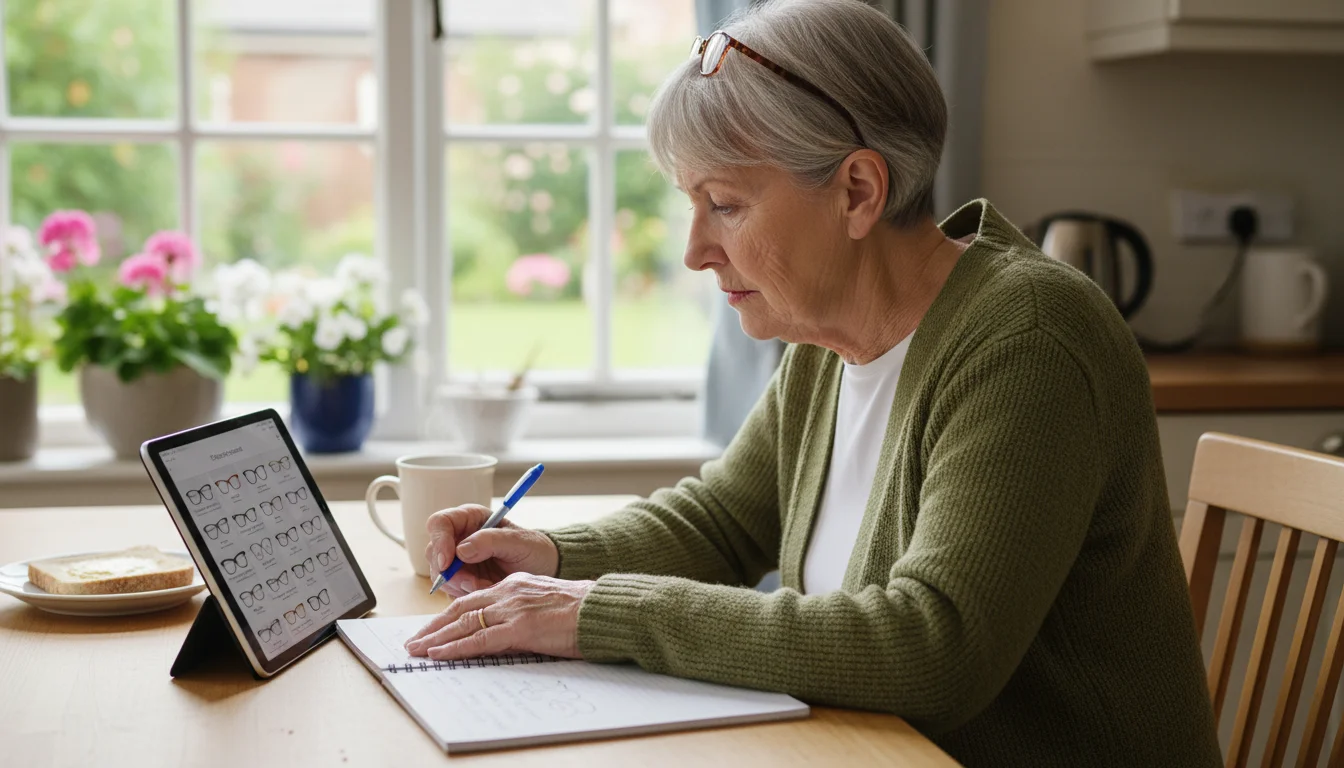 An older woman with short hair intently views eyeglasses on a tablet, holding an open case on a kitchen table.