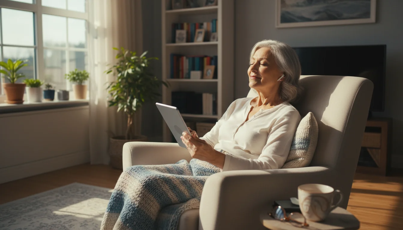 An older woman with silver-gray hair sits in an armchair, holding a tablet with a contented expression, listening intently.