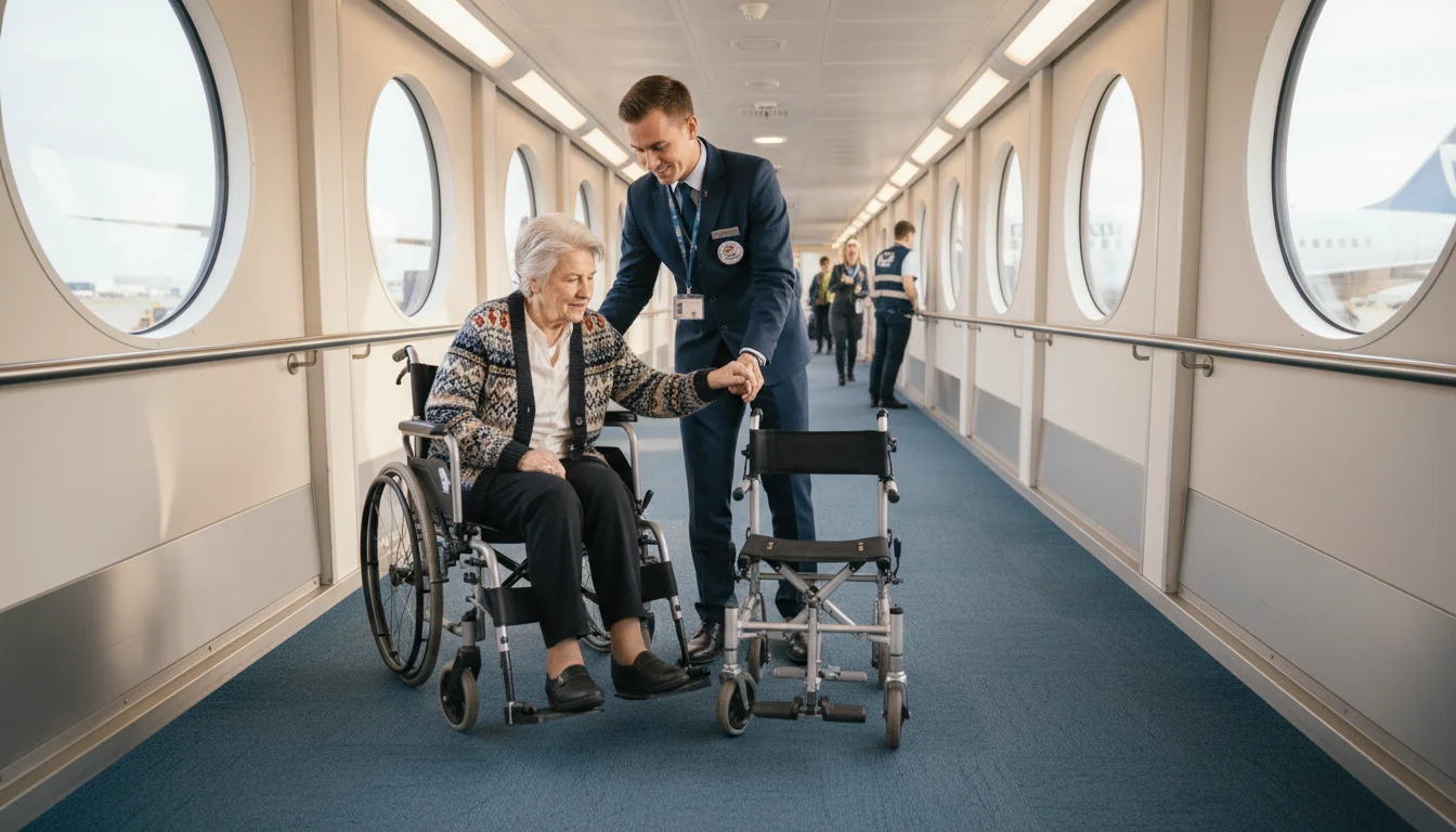 An older woman with silver hair is being gently assisted by an airline attendant from her personal wheelchair into a narrow aisle transfer chair in a 