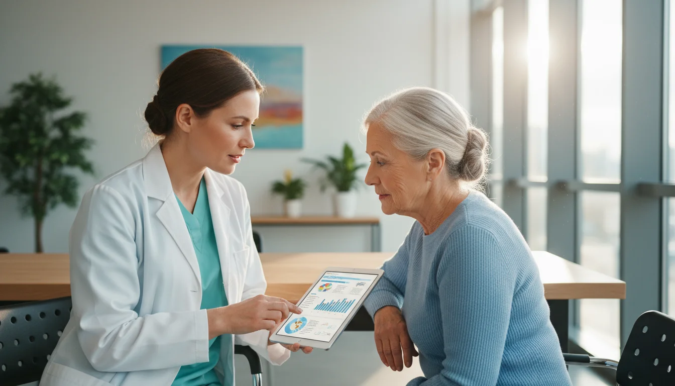 Older woman with silver hair attentively listens to a female doctor in a modern office, who points to a tablet displaying health info.