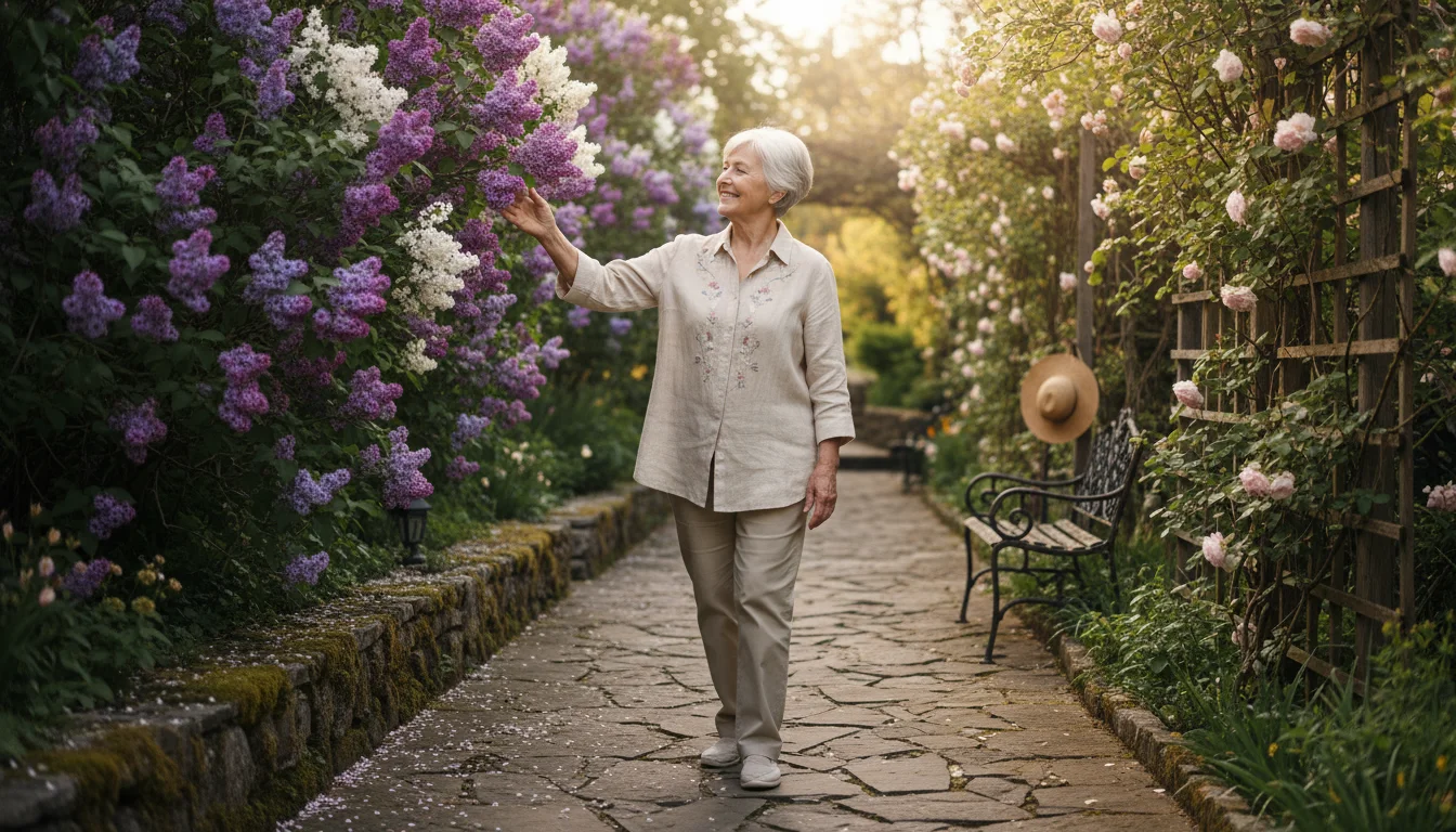 Older woman with silver hair brushes past fragrant lilac bush in bloom on a garden path, with roses and lavender in background.