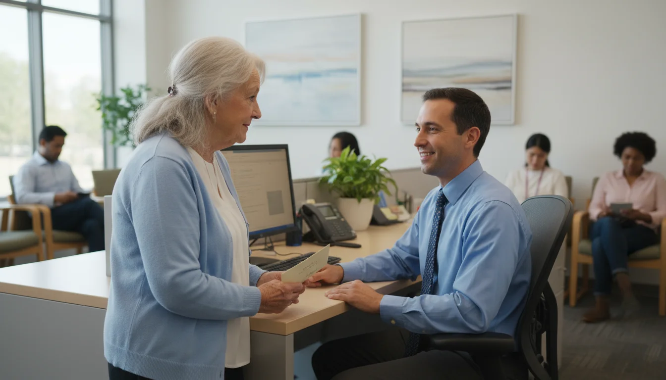 An older woman with silver hair engages in a calm, focused conversation with a smiling Social Security staff member across a clean desk, highlighting 