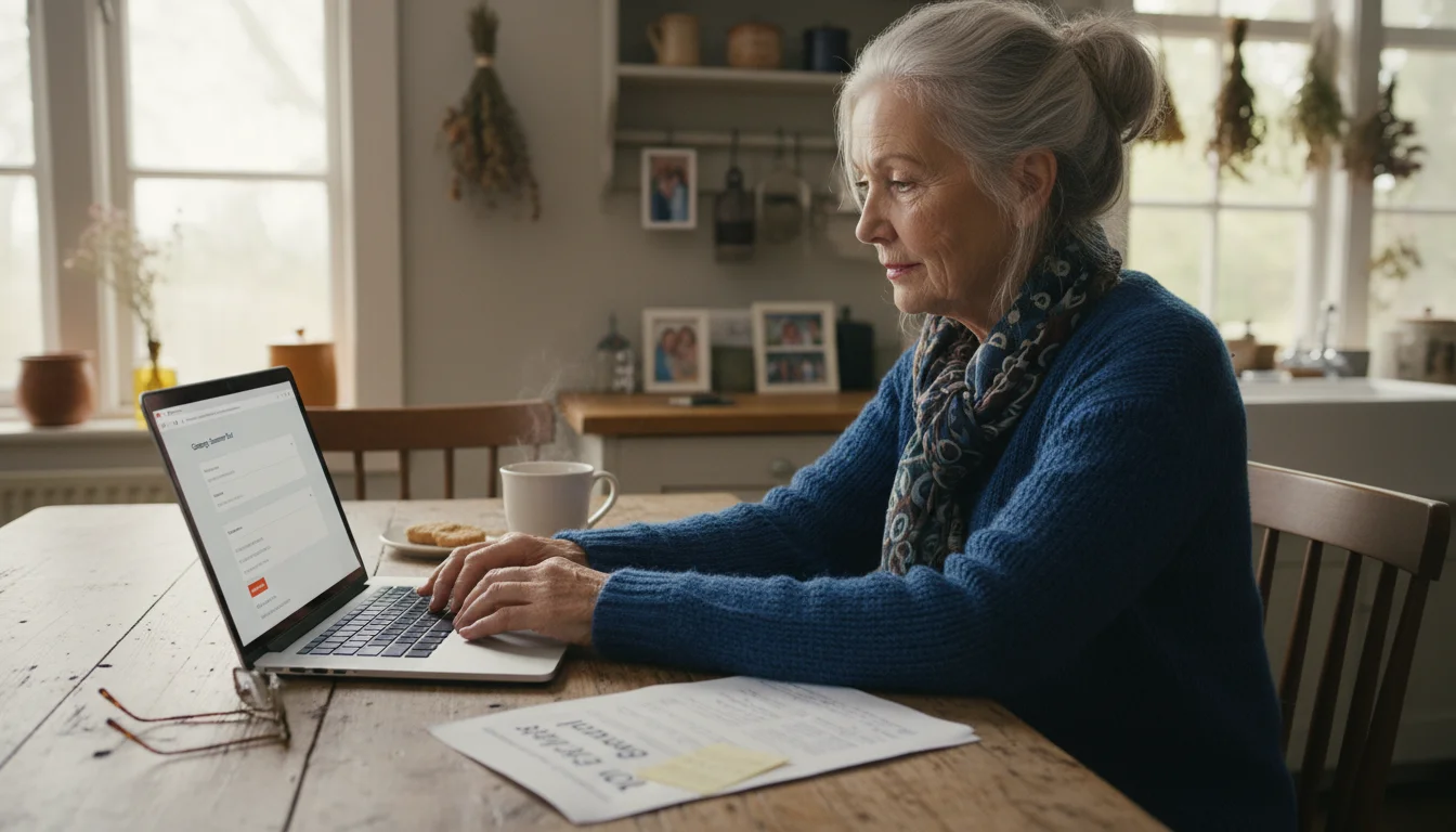 An older woman with silver hair focused on her laptop at a kitchen table, a printout of '10 Fun Activities' and tea next to it.