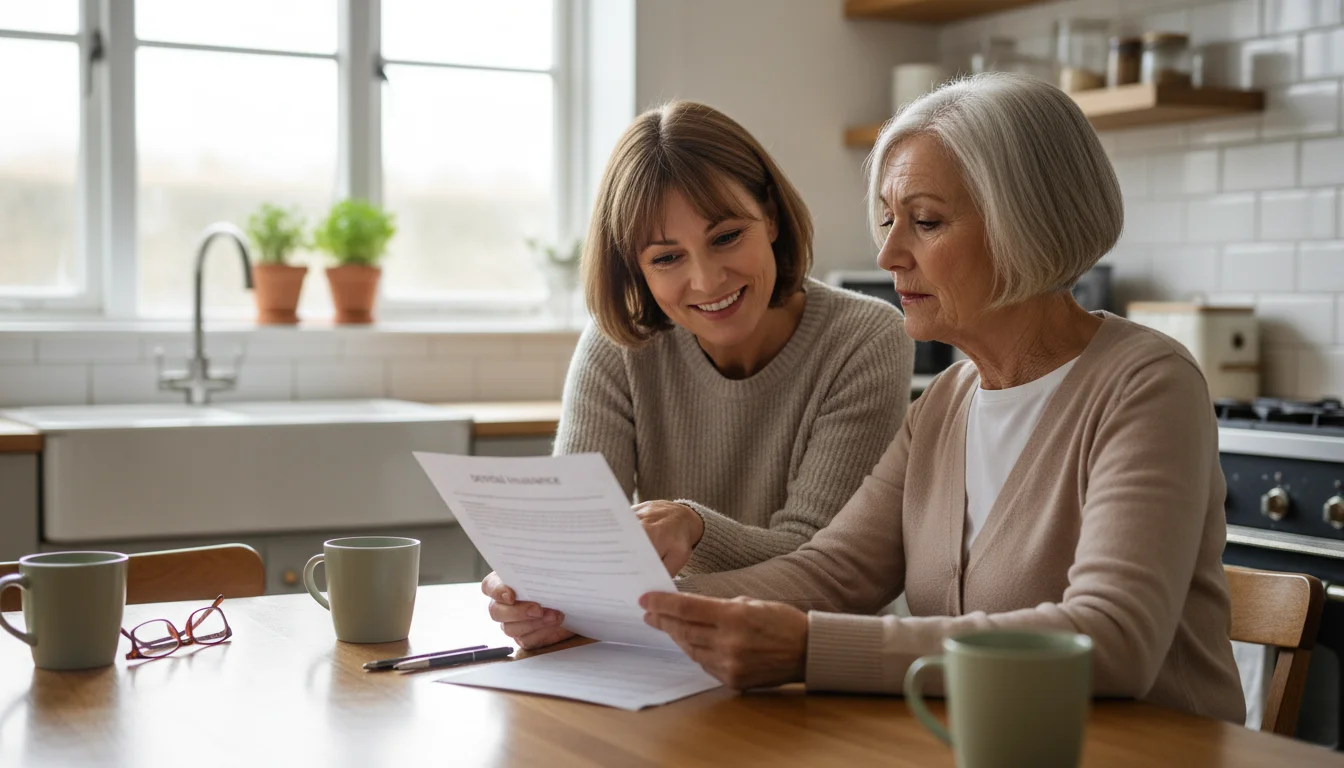An older woman with silver hair looks inquisitively at her adult daughter, who points to a dental insurance document on a kitchen table.