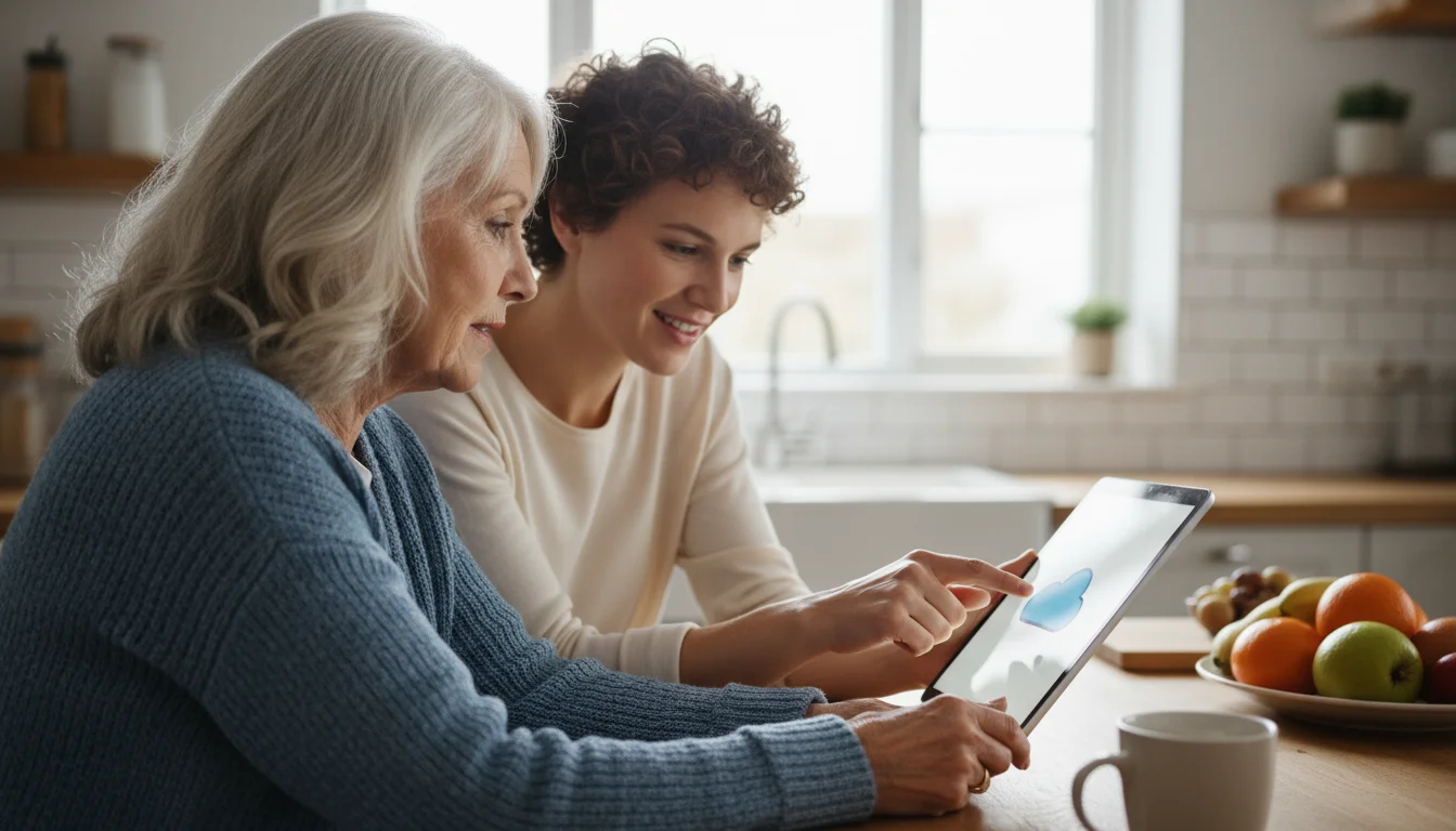 An older woman with silver hair looks intently at a tablet screen while a younger woman points to it, demonstrating an app.