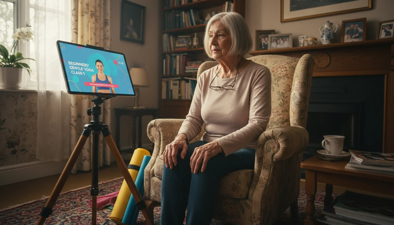 Older woman with silver hair looks at a tablet in her living room, preparing for online exercise.