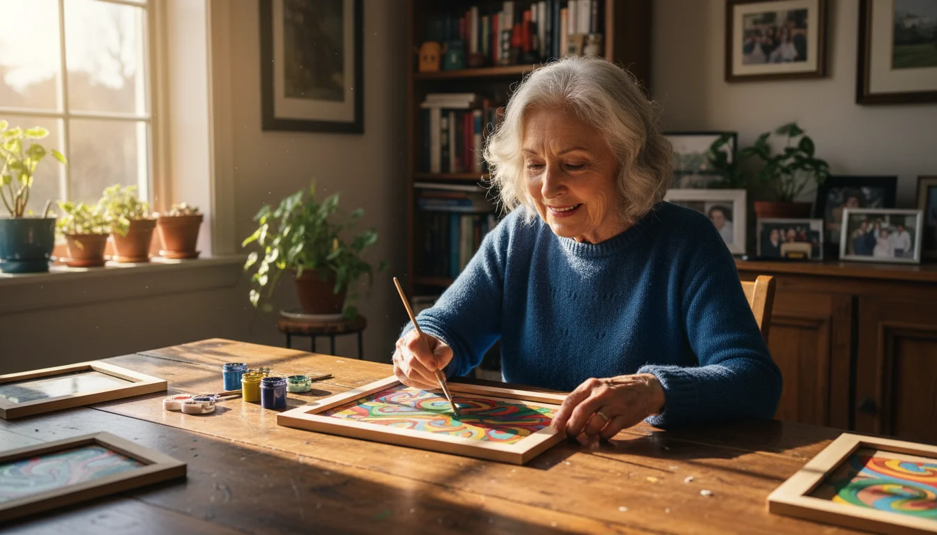 An older woman with silver hair painting a colorful design on a wooden picture frame in a sunlit living room.