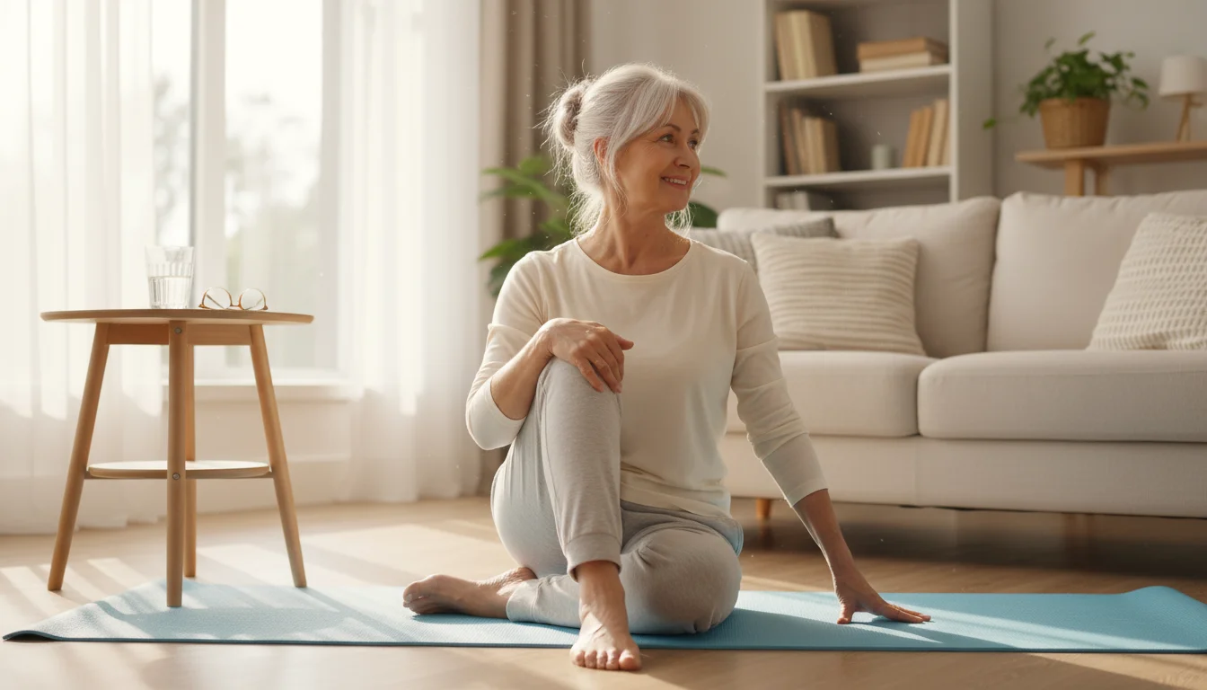 Older woman with silver hair performing a gentle seated spinal twist stretch on a yoga mat in a sunny living room, a glass of water nearby.