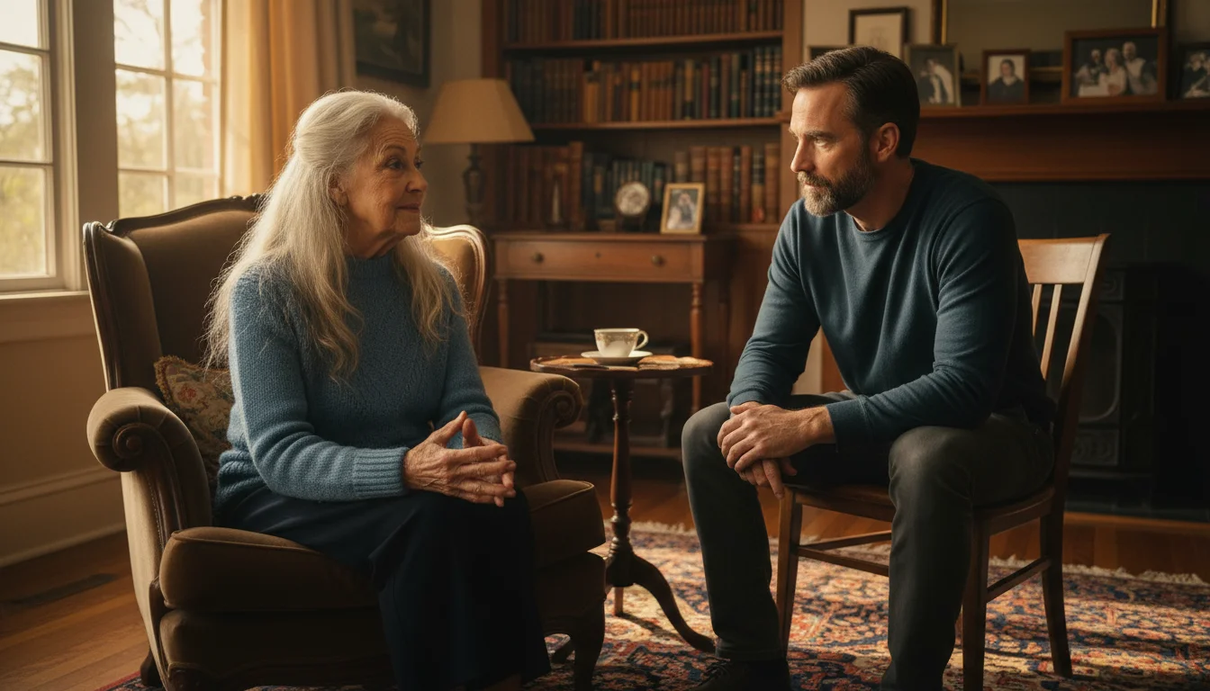 An older woman with silver hair sits composed in an armchair, making kind but firm eye contact with her adult son seated opposite.