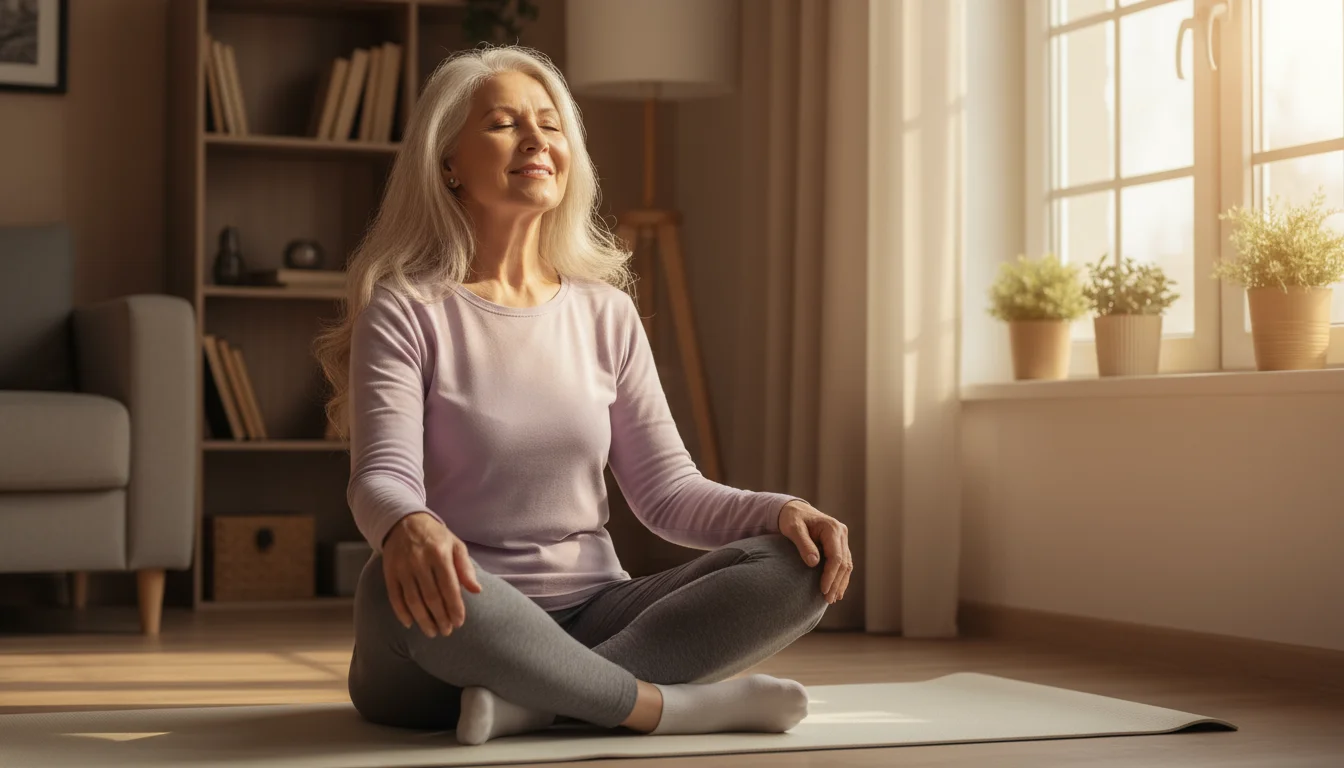 An older woman with silver hair sits cross-legged on a yoga mat, eyes closed with a peaceful smile, in a sunlit living room.