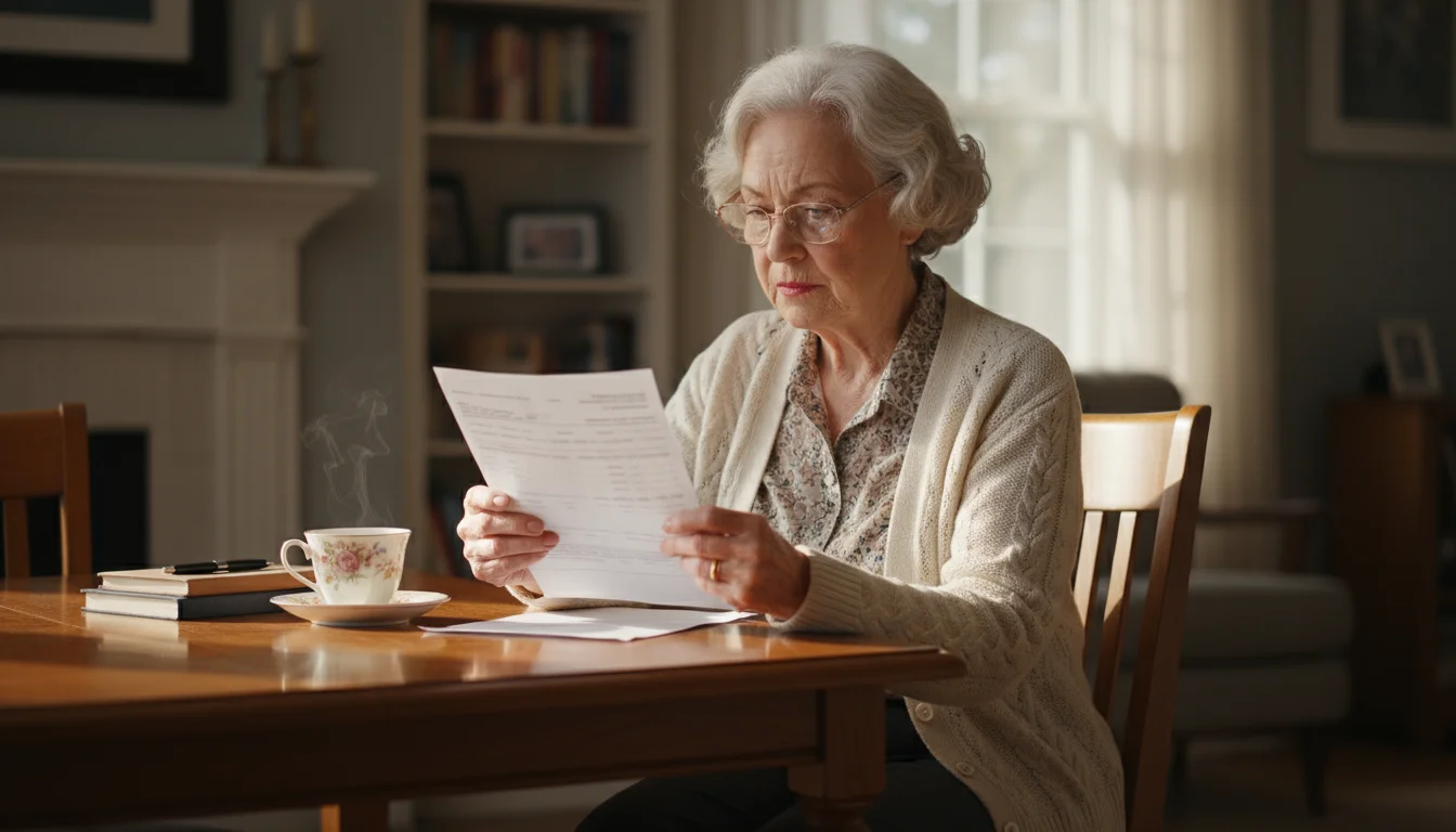 An older woman with silver hair sits at a dining table, carefully reading a bank statement, with a secure document box next to her.