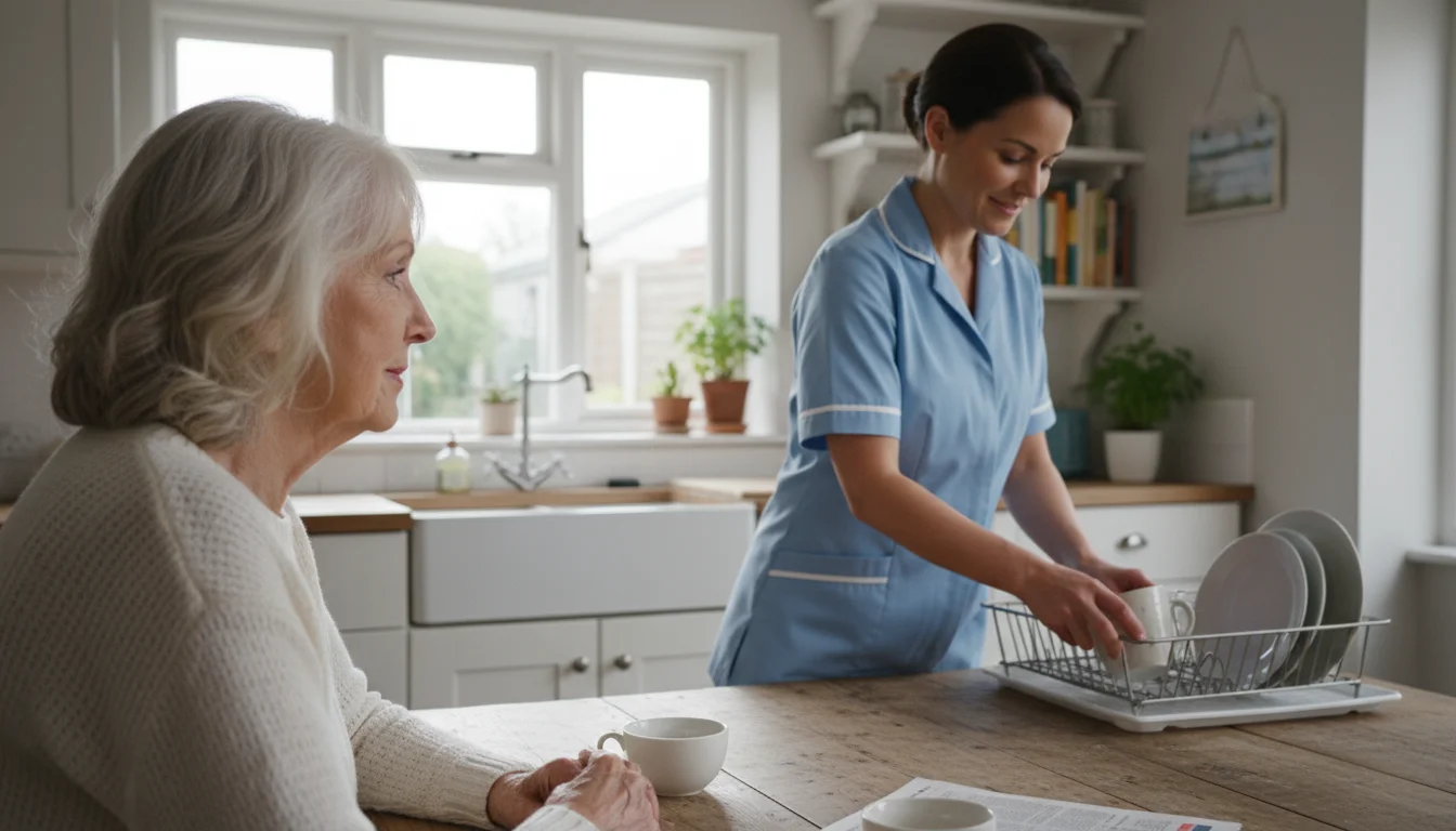 An older woman with silver hair sits at a kitchen table, observing a female caregiver in the background placing a mug on a drying rack.