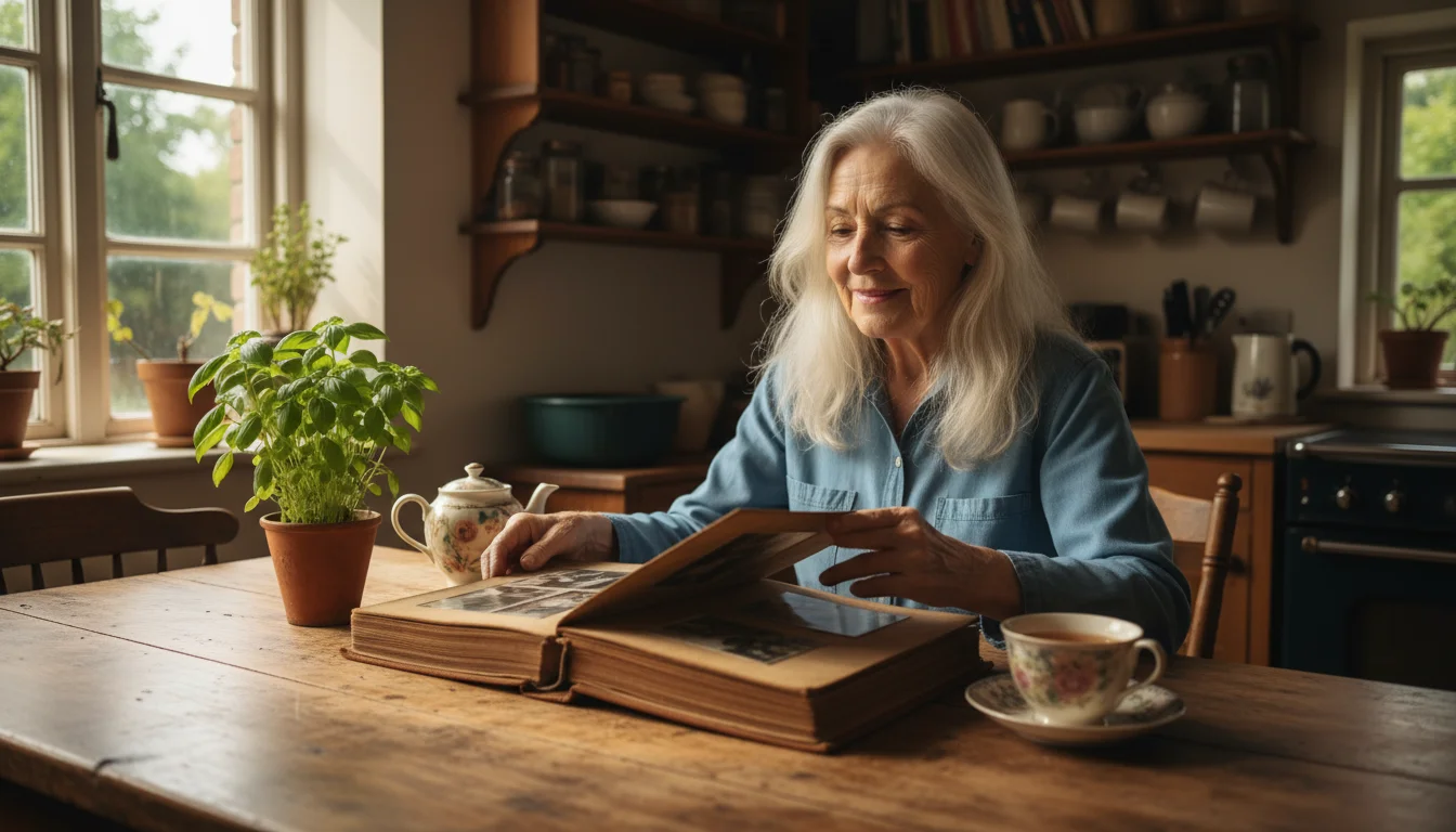 Older woman with silver hair sitting at her kitchen table, gently turning pages of a photo album. A cup of tea and a potted herb are nearby.