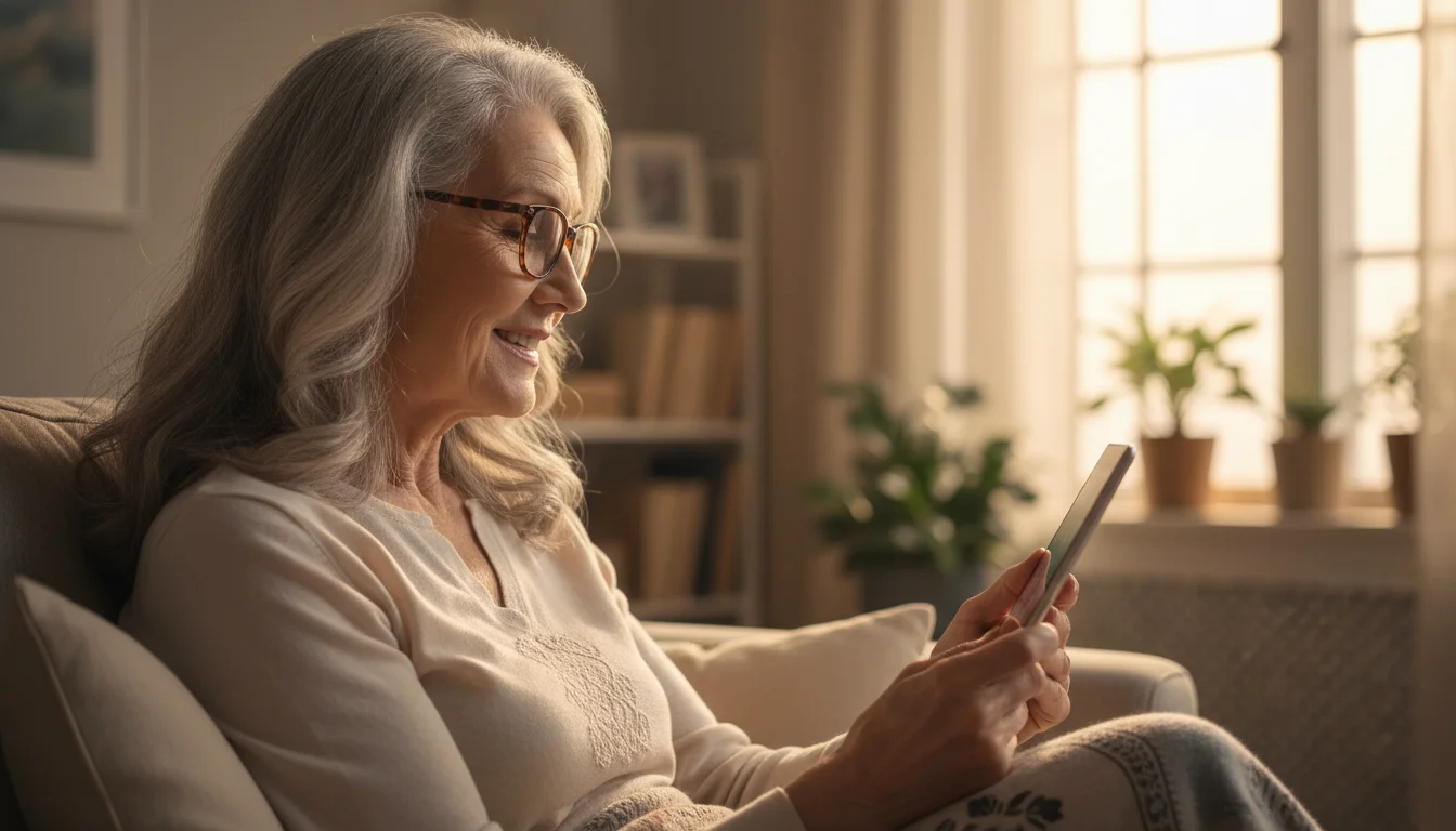 An older woman with silver hair smiles warmly, looking at a tablet in a sunny living room, showing genuine engagement.