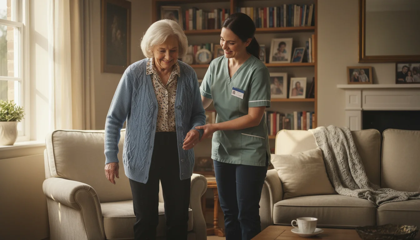 An older woman with silver hair stands with gentle assistance from a female caregiver in a sunlit living room.