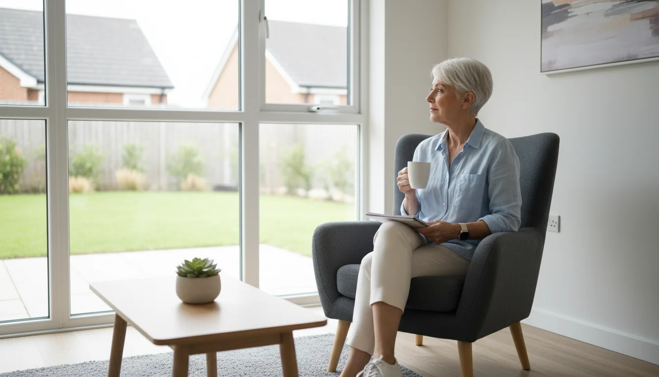 An older woman sips coffee and takes notes while looking out the window of a bright, minimally decorated rental apartment.