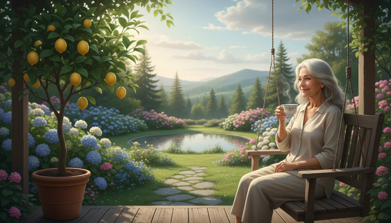 An older woman sips tea on a porch swing next to a potted lemon tree with ripe lemons, looking content.