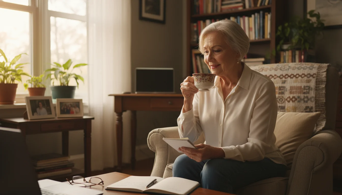 An older woman sips tea in a sunlit living room, thoughtfully looking at a notebook.