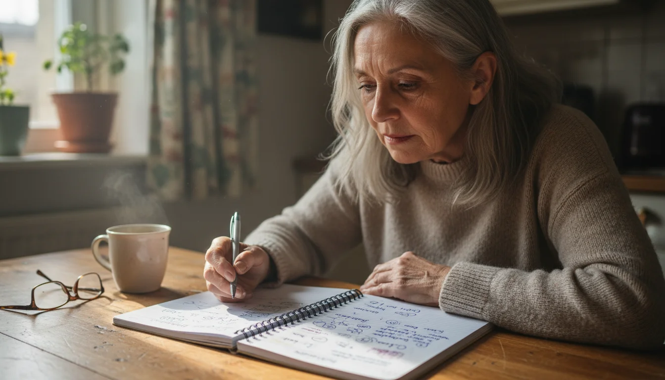 An older woman sits at a kitchen table, looking intently at a notebook filled with handwritten ideas, a pen in hand.