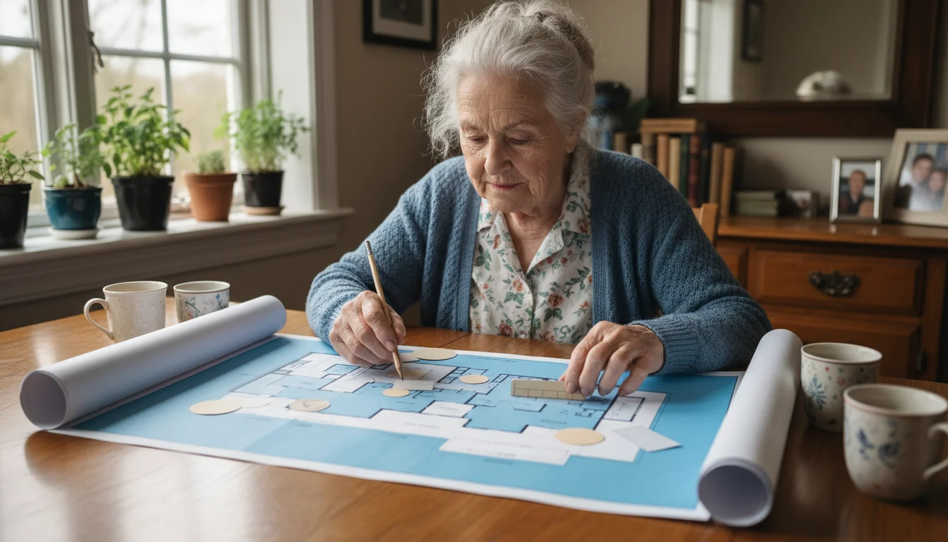 An older woman sits at a kitchen table, meticulously planning furniture layout on a floor plan using small paper cutouts. A partially open 'First Nigh