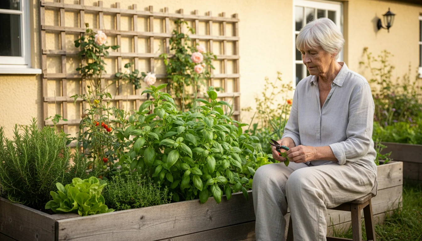 An older woman sits on a stool, pruning basil in a waist-high raised garden bed, with a vertical garden behind her.