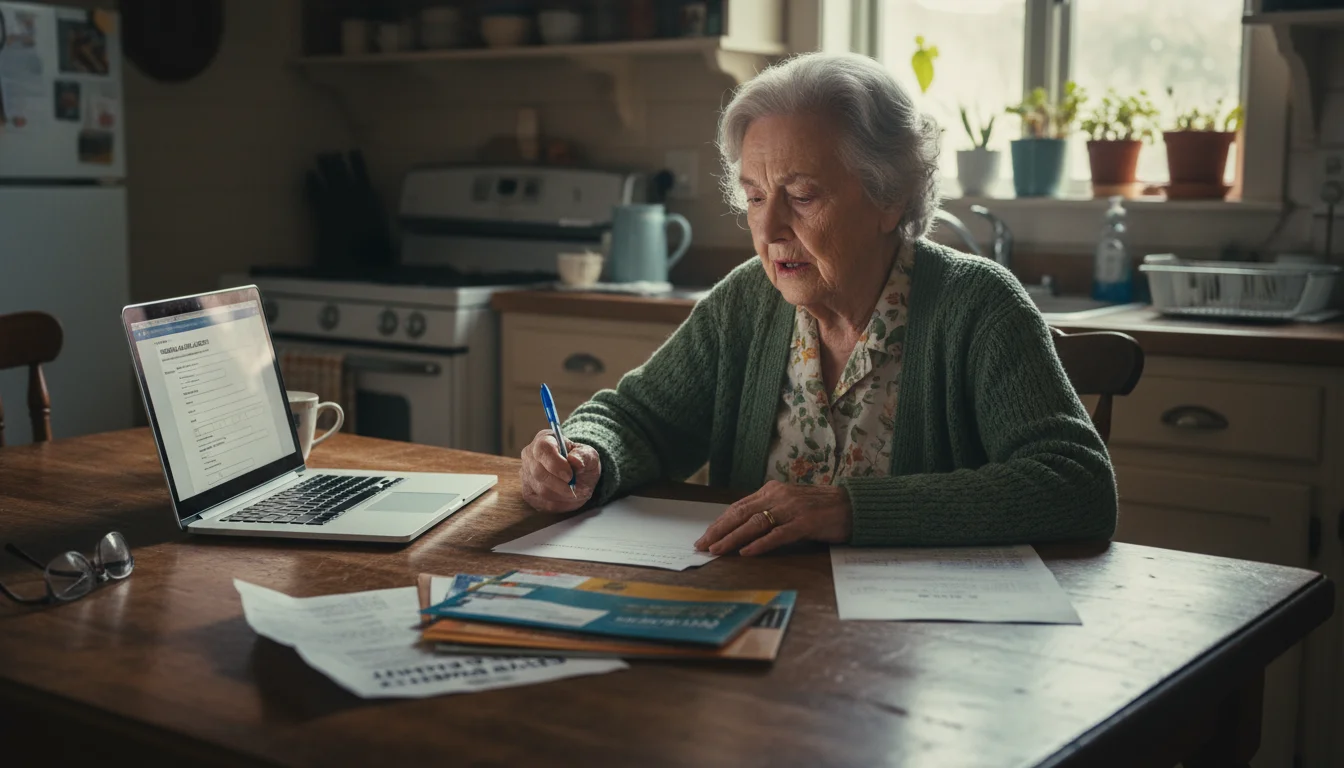 Older woman sits at a table with papers, a laptop, and a pen, looking thoughtfully at financial documents.