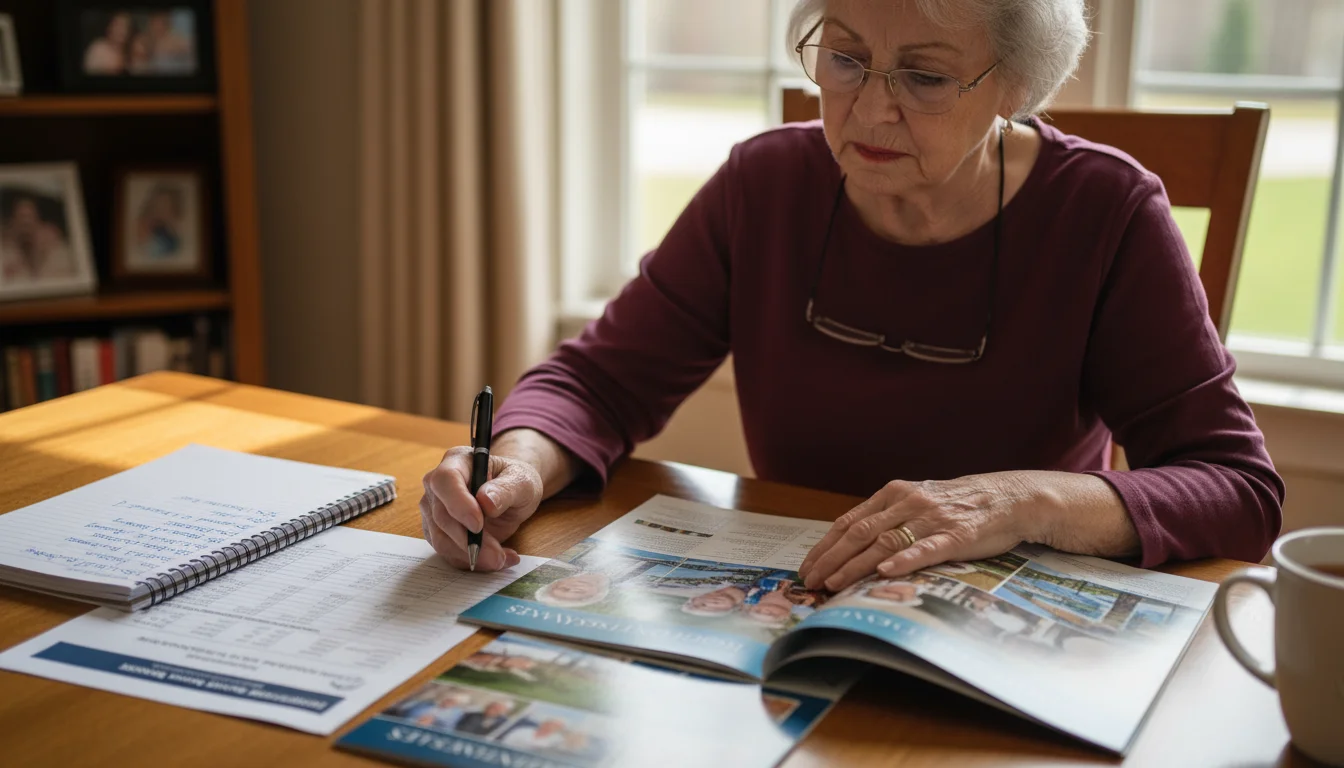 An older woman sits at a table, looking thoughtfully at brochures for senior communities, financial papers, and a notebook.