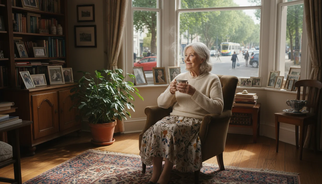 An older woman sits thoughtfully in a bright living room, holding a mug and looking out a window at a street scene.