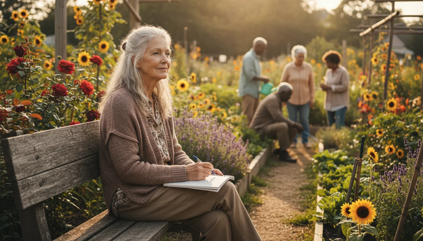 An older woman sits thoughtfully on a garden bench with an open notebook, contemplating a decision.