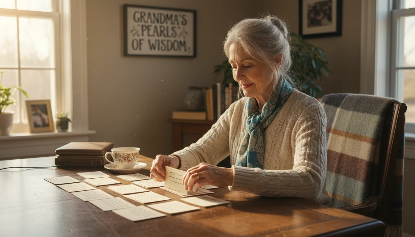 An older woman sits at a wooden desk, carefully arranging handwritten note cards.