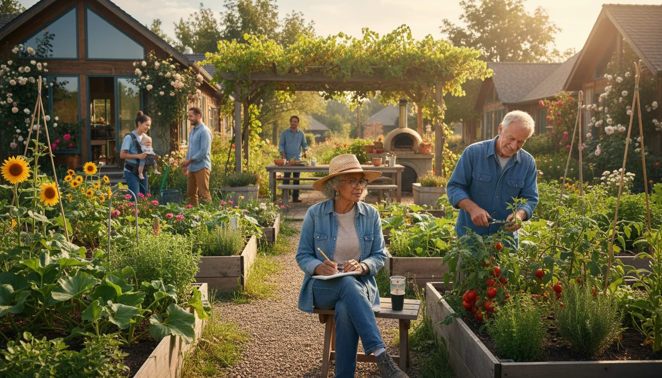An older woman sketches garden plans on a bench while an older man prunes plants in a sunny co-housing community garden.