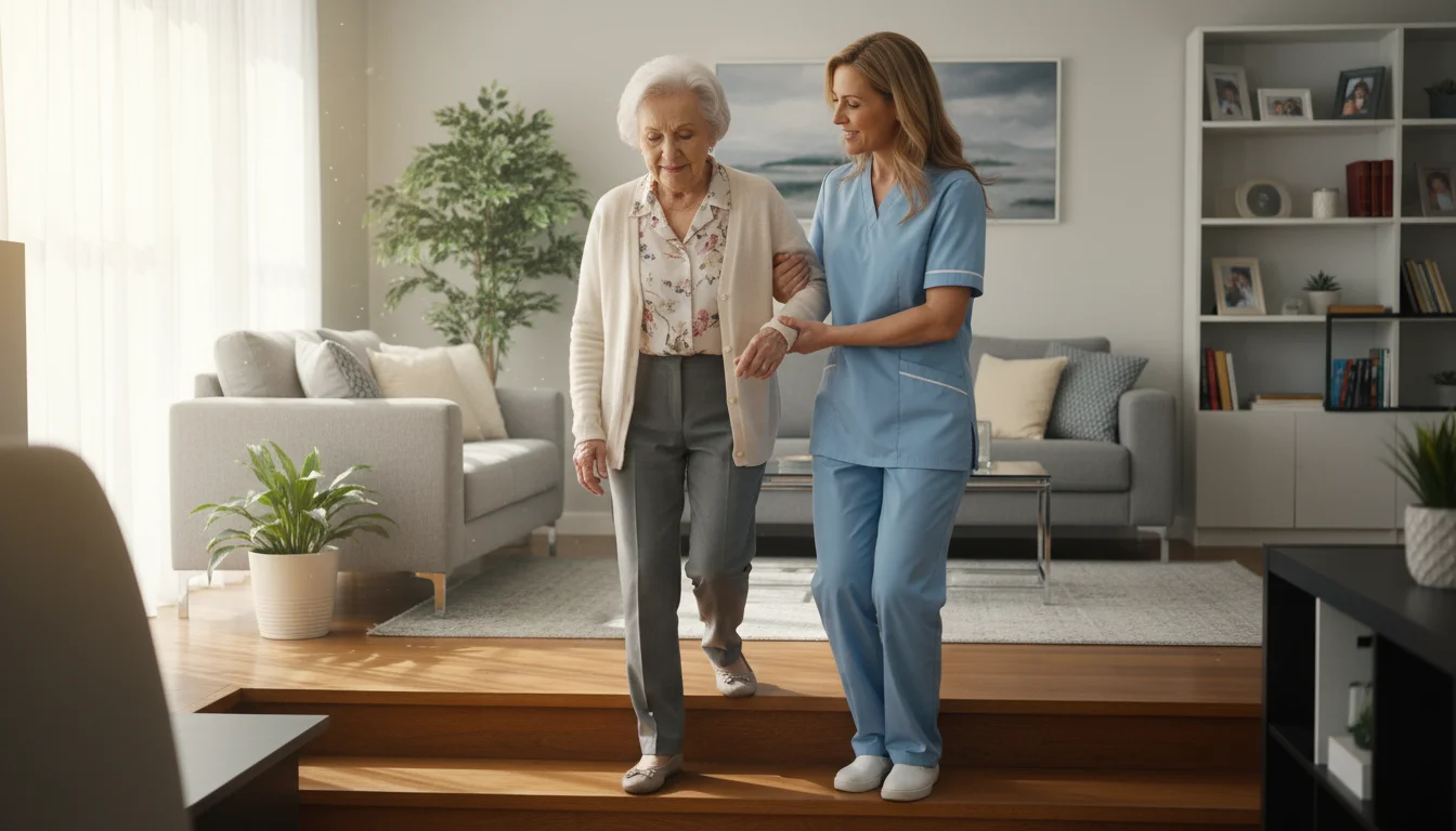 An older woman slowly walks down steps inside her home, gently assisted by a professional caregiver for support and safety.