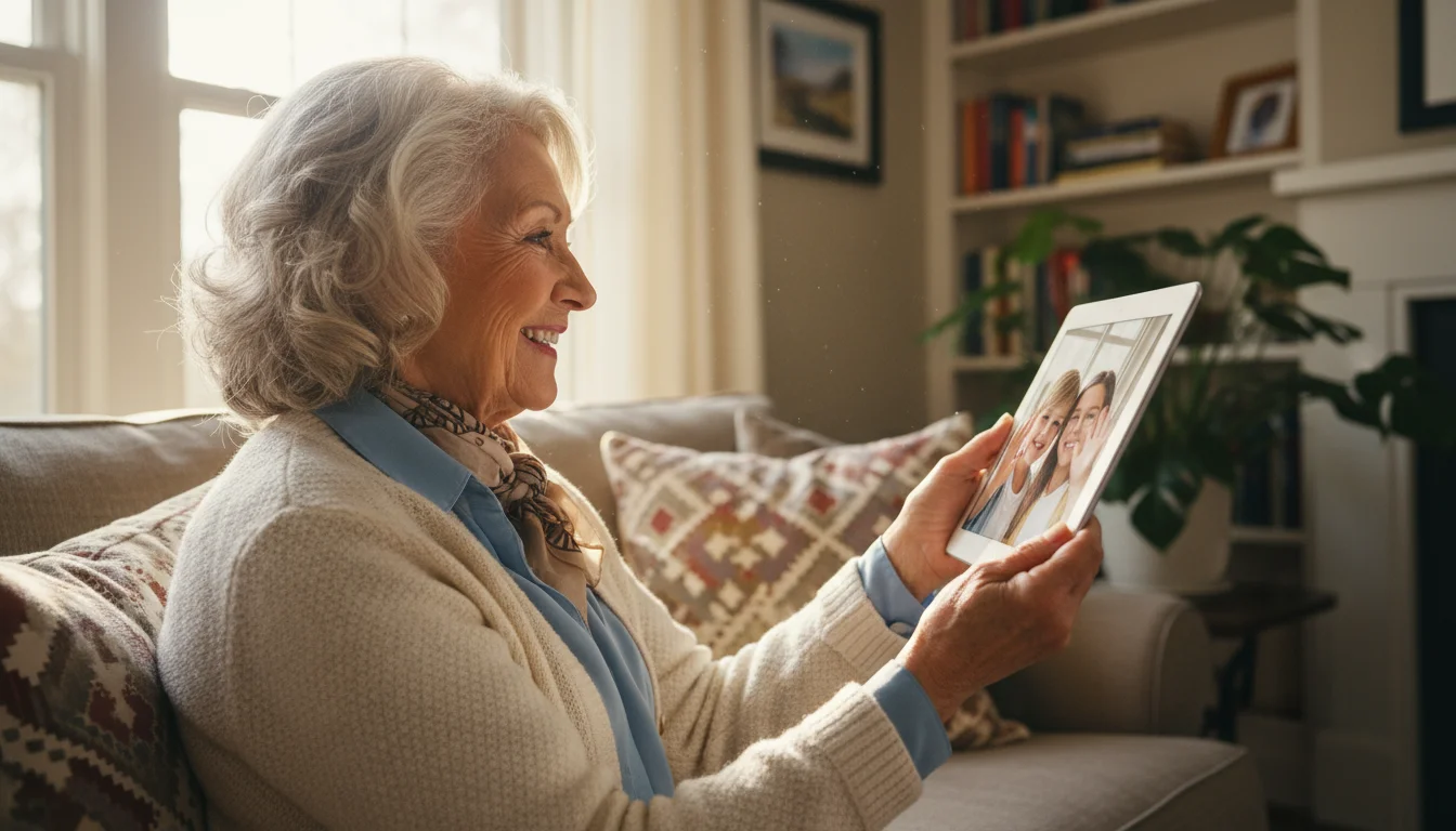 An older woman smiles warmly, looking at two young grandchildren on a tablet during a video call in a sunlit living room.