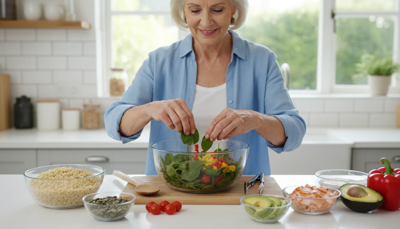 An older woman smiles while adding vibrant spinach to a salad, surrounded by healthy ingredients like quinoa, avocado, and salmon.