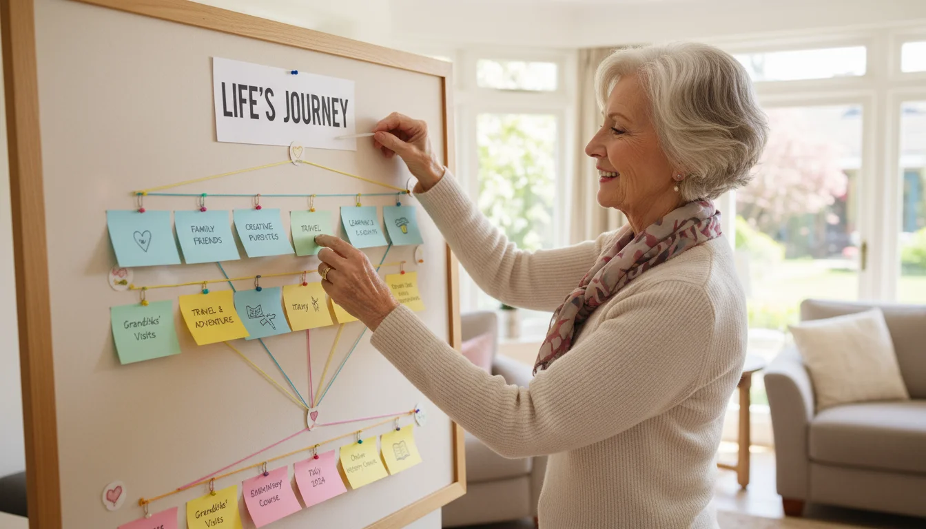 Older woman smiling, arranging colorful index cards on a cork board in a hierarchical structure, planning content.