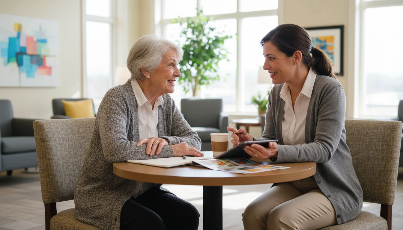 An older woman and a staff member discussing information at a table in a bright community lounge.