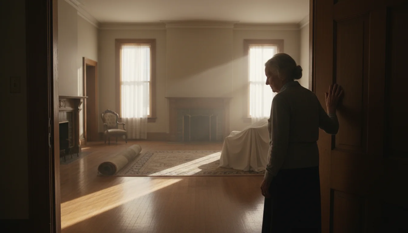 An older woman stands in a sunlit doorway, looking into a quiet, unused living room with large furniture.