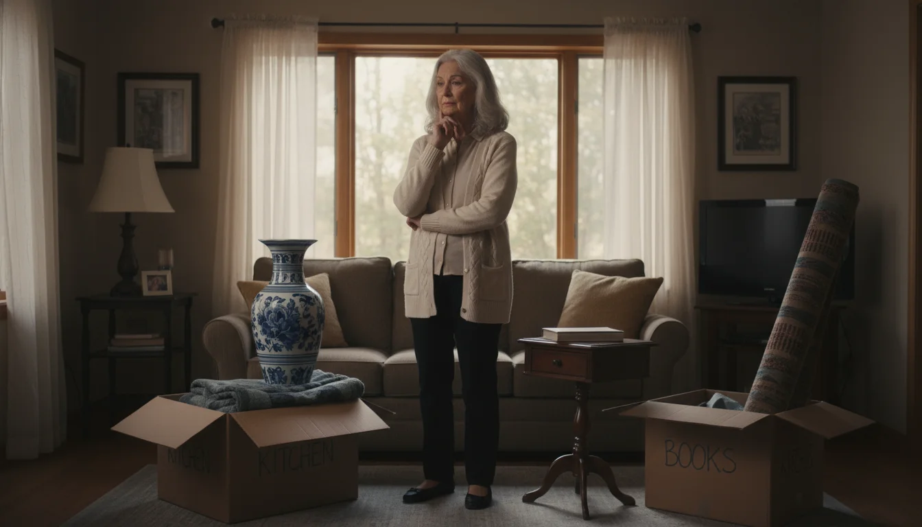 An older woman stands thoughtfully in a compact living room with a few open moving boxes and personal items around her.