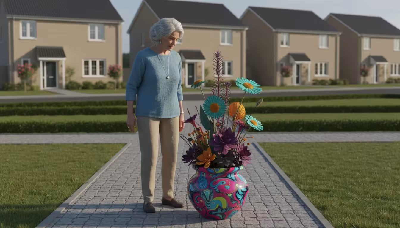 An older woman stands on a walkway, looking thoughtfully at a vibrant plant in a ceramic pot, with uniform houses in the background.