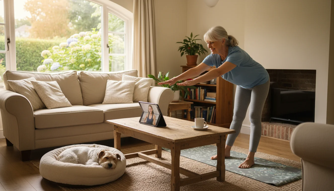 Older woman stretching with an online fitness class on a tablet in a sunlit living room with fruit, water, and garden view.