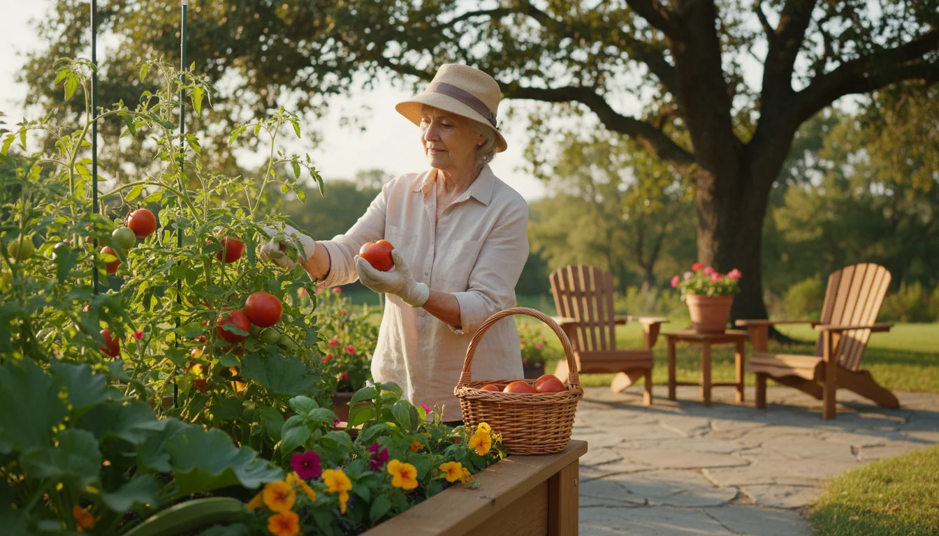 An older woman in a sun hat and gardening gloves harvests red tomatoes from a raised garden bed in her backyard.