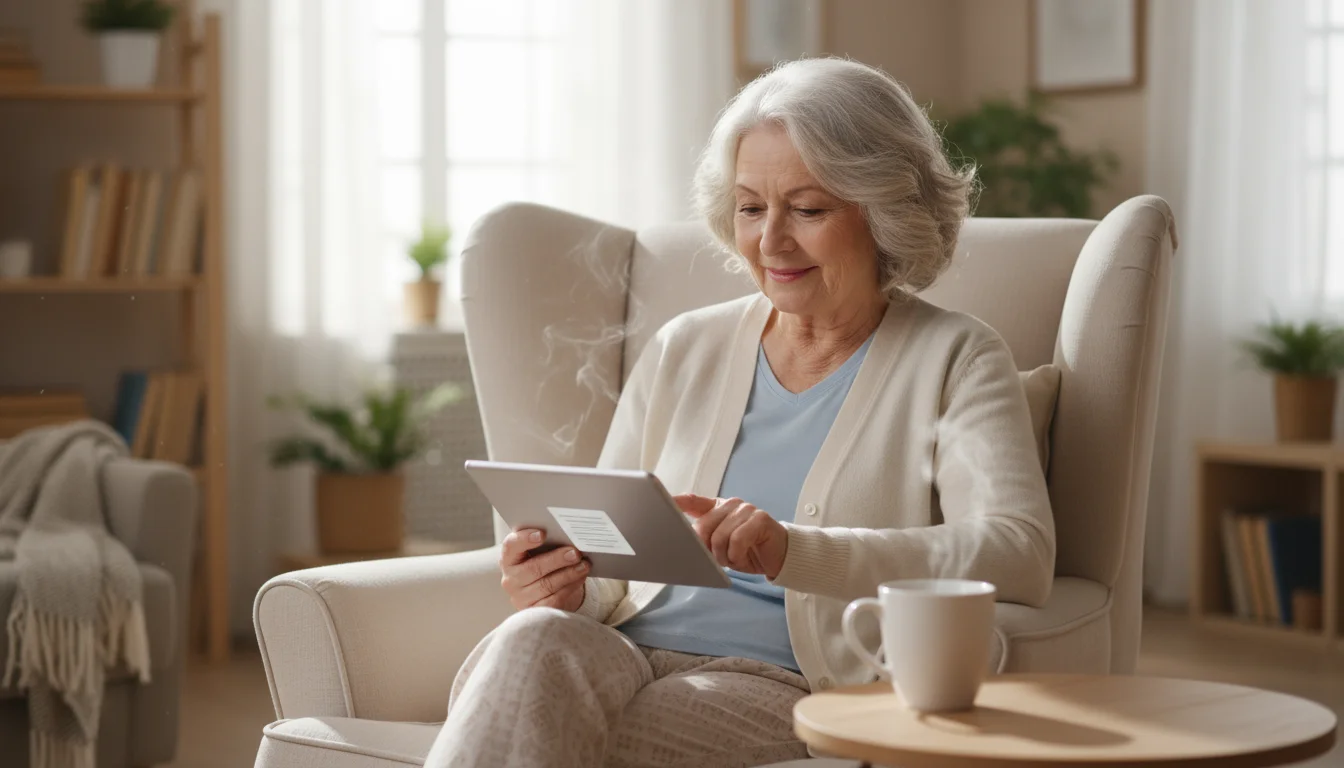 An older woman in a sunlit armchair taps a tablet screen with a gentle smile, a mug of tea beside her.
