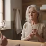 An older woman in a sunlit bathroom mirror, gently holding a toothbrush with hands showing signs of aging.
