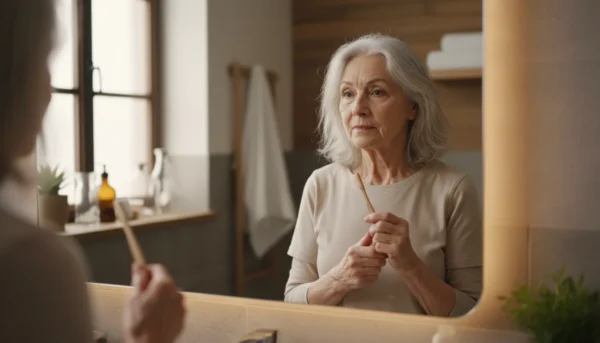 An older woman in a sunlit bathroom mirror, gently holding a toothbrush with hands showing signs of aging.